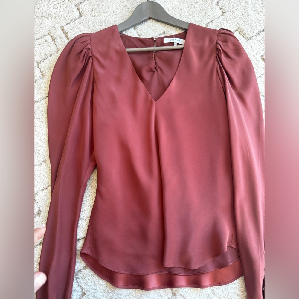 Frame Denim Burgundy Satin V-Neck Puff Sleeve Blouse